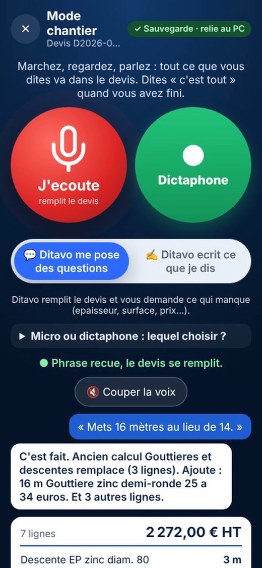 Mode chantier sur le téléphone : boutons Parler et Dictaphone, lignes du devis